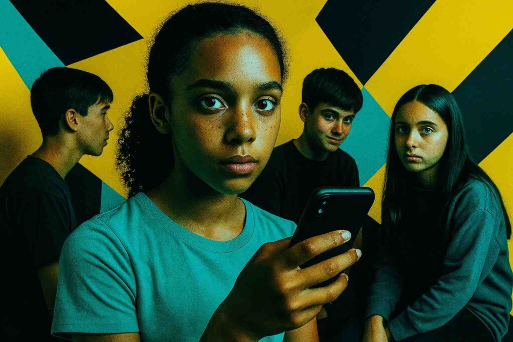 Four Generation Alpha students (around 15 years of age) stand against a multicoloured background. One (female) child is in the foreground. She is holding a phone which she was clearly previously looking at but she is now looking directly at you, as if you have said something to capture her attention.